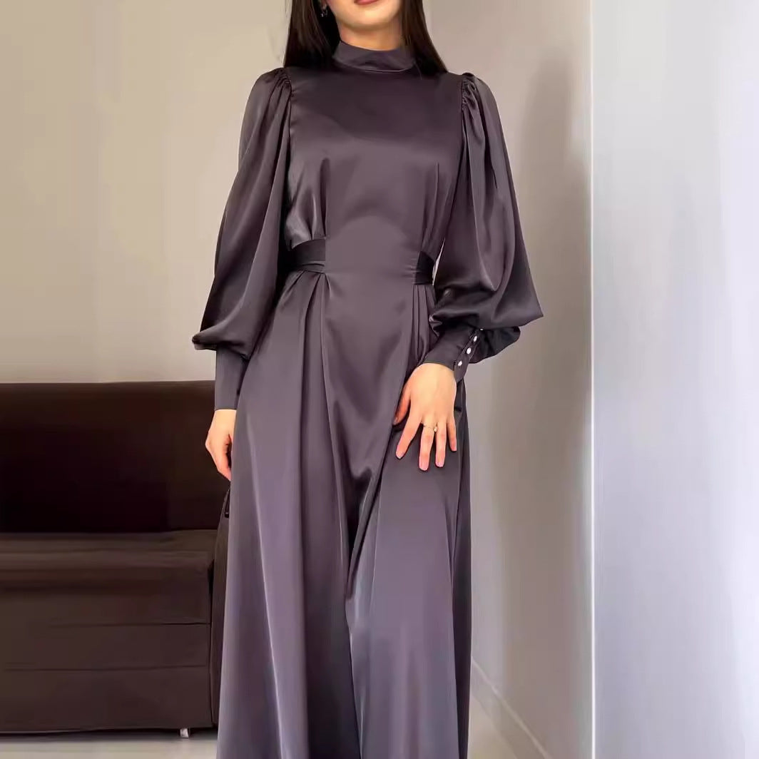Autumn Waist Solid Color Long Sleeve Slim Fit Belt Retro Dress by Ragazza