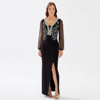Heavy Industry Beads Drilling Sexy V neck Slit Mesh Long Sleeve Stitching Bandage One Piece Long Dress by Ragazza