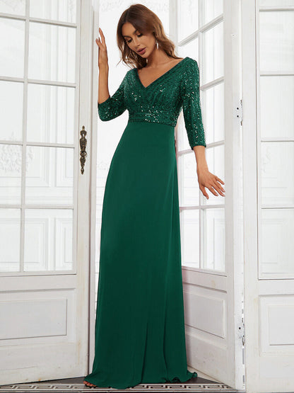 Middle East Women Chiffon Double V neck Dress A line Large Hem Sequin Stitching Evening Dress by Ragazza