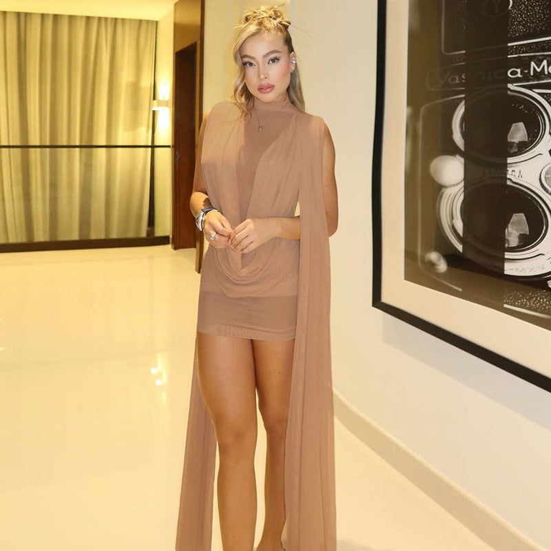 Autumn Winter Women Half Turtleneck Double Layer Stitching Mesh Ribbon Hip Wrapped Sexy Dress by Ragazza