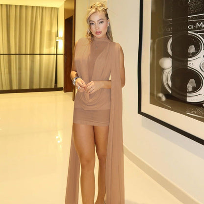 Autumn Winter Women Half Turtleneck Double Layer Stitching Mesh Ribbon Hip Wrapped Sexy Dress by Ragazza