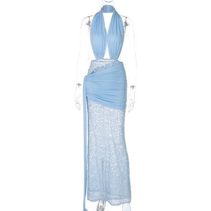 Women Clothing Spring Summer Sexy Lace Stitching Hollow Out Cutout Backless Halter Dress by Ragazza