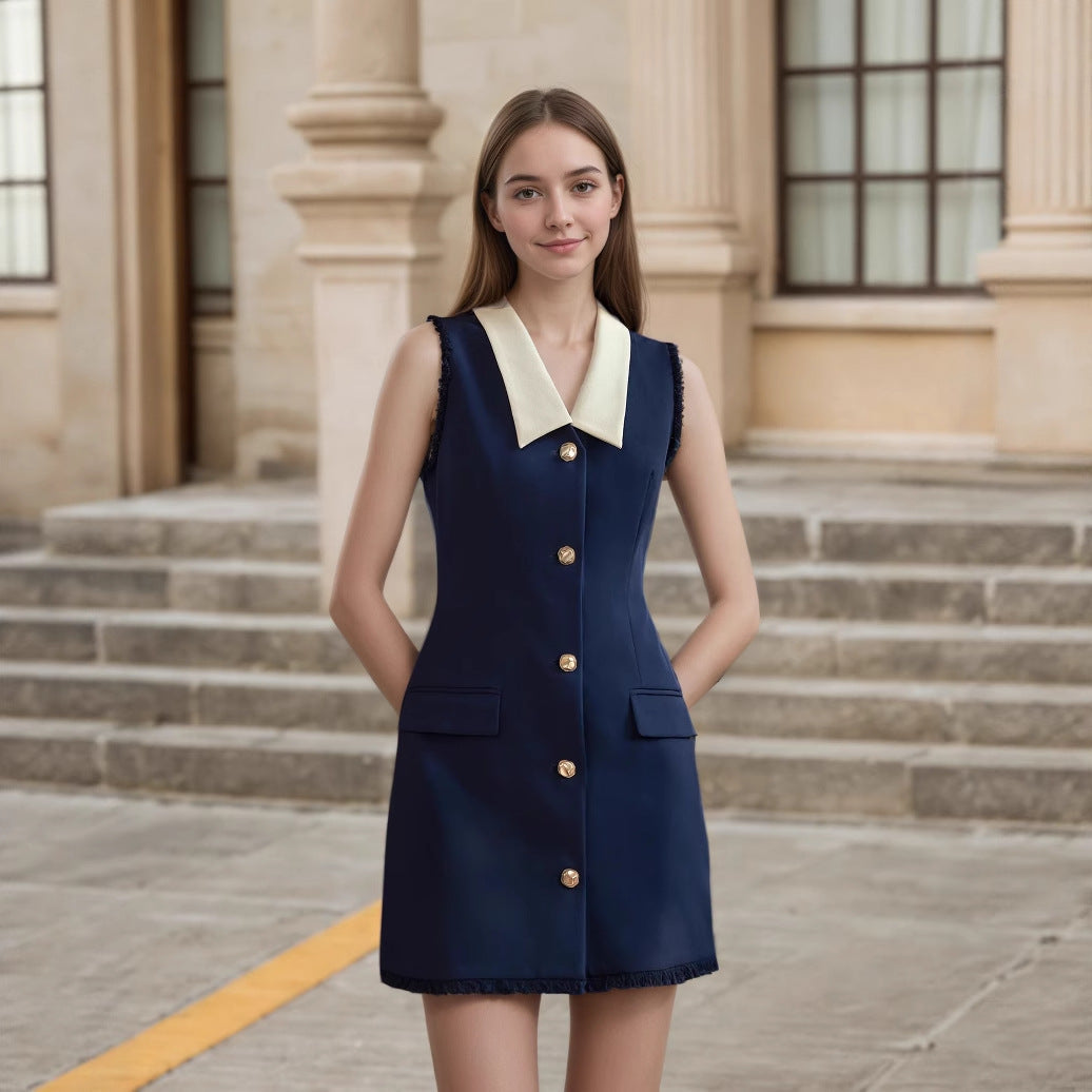 Women Clothing Dark Blue Sleeveless Dress White Neckline Gold Button Women Short Dress  DestGlow