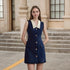 Women Clothing Dark Blue Sleeveless Dress White Neckline Gold Button Women Short Dress  DestGlow