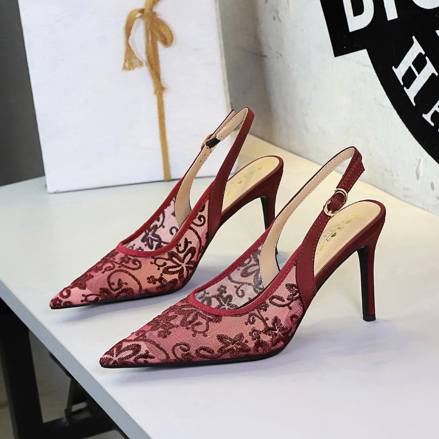 Ankle Strap Buckle High Heel Cocktail Women Shoes Pointed Toe Shallow Mouth Lace Mesh Outdoor Sandals Women  DestGlow