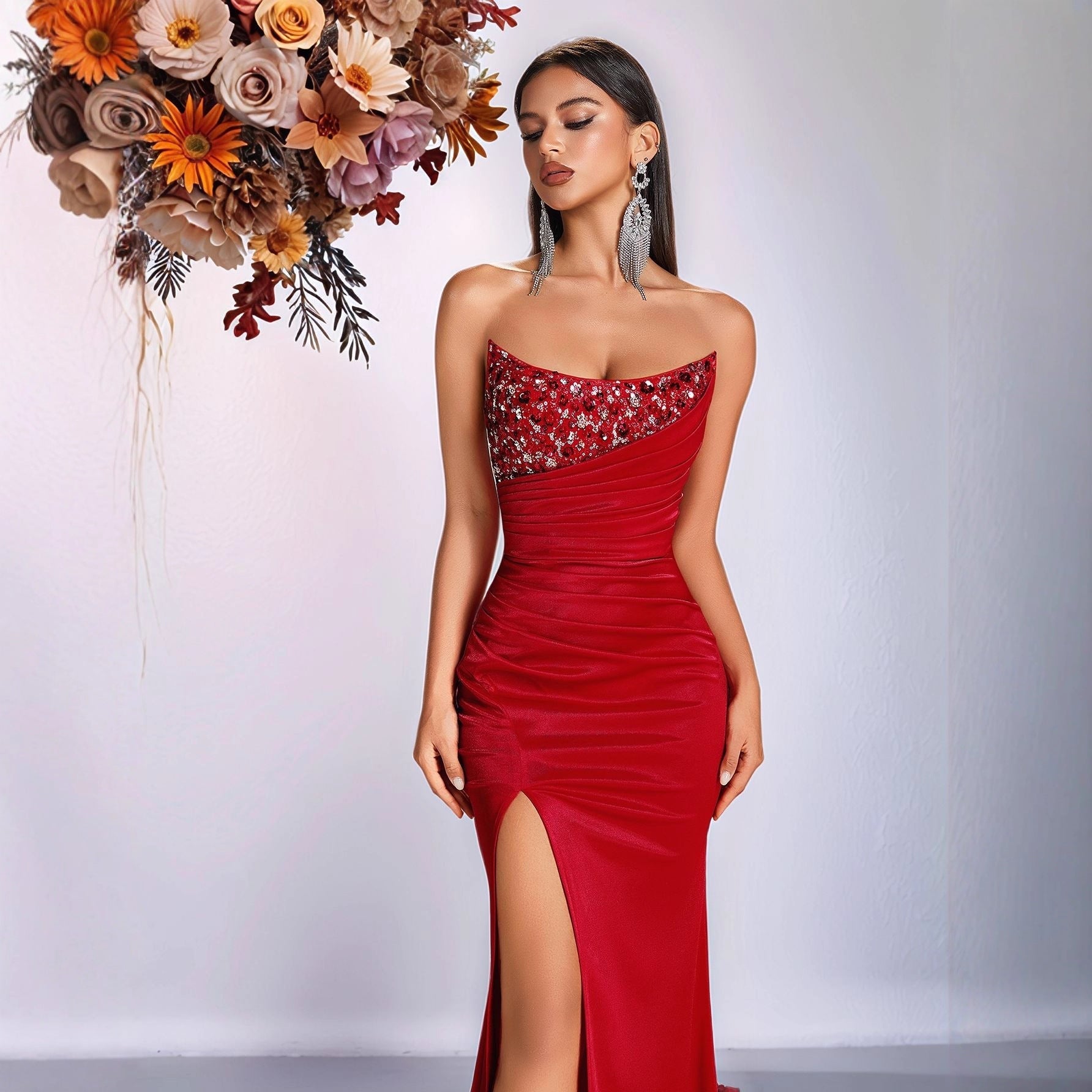 Solid Color Tube Top Sequined Rhinestone Evening Dress Slit Slim Fitting Ladies Cocktail Elegant Dress by Ragazza