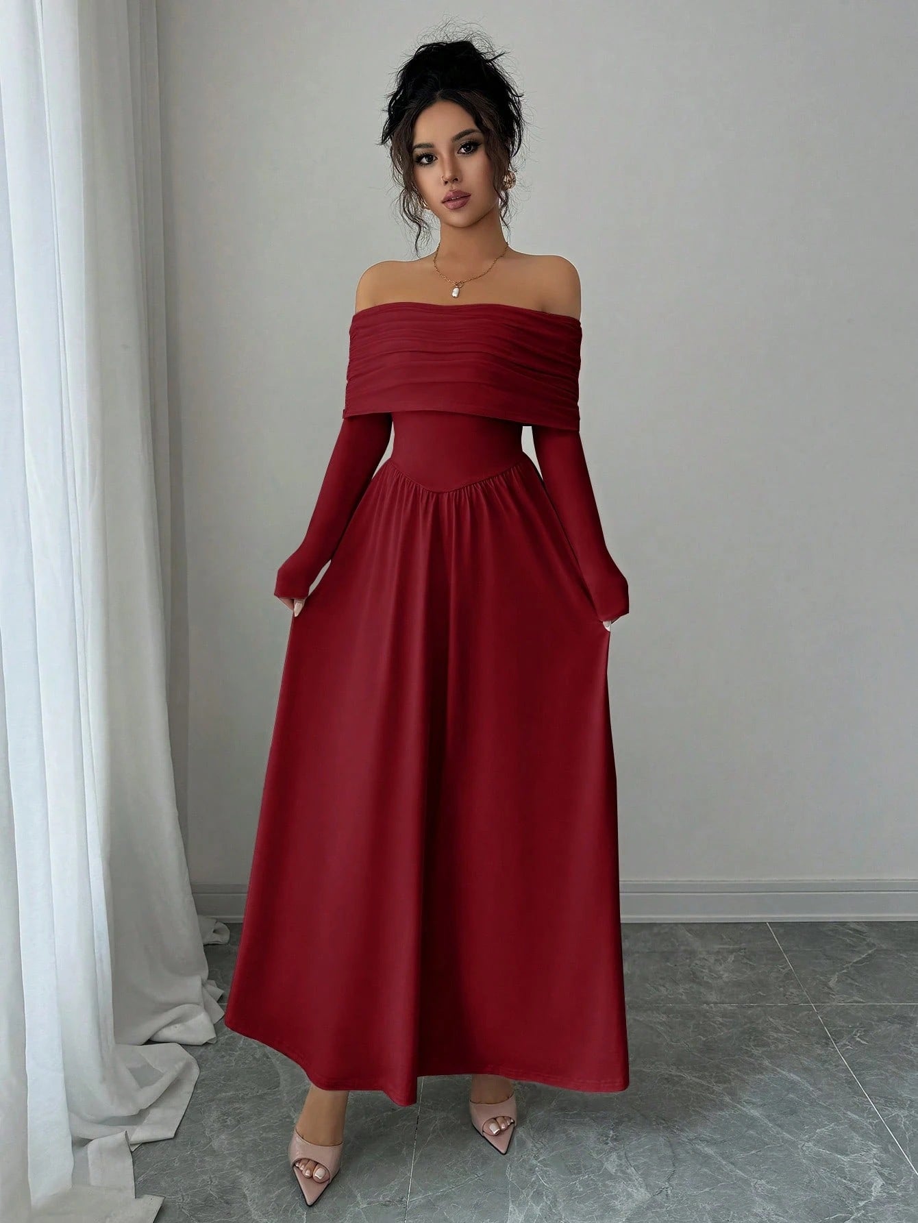 Off Shoulder Dress Women French Tea Break High Sense Cinched Slimming Maxi Dress by Ragazza