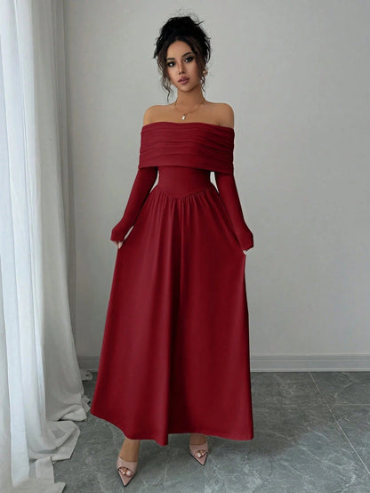 Off Shoulder Dress Women French Tea Break High Sense Cinched Slimming Maxi Dress by Ragazza