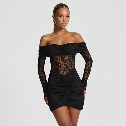 Women Autumn Winter Sexy off Shoulder Lace Stitching Hip Mini Dress by Ragazza