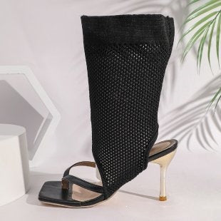 Mesh High Heel Plus Size Sandal Boots Women Summer Open Toe Square Toe Flip Toe High Heel Sandals