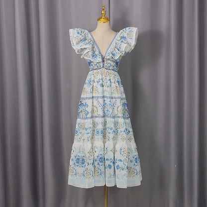 Spring Elegant Casual Women Dress High Waisted Flying Sleeves Floral Waist Slimming Dress by Ragazza