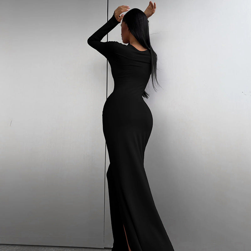 Women Clothing Spring Summer Solid Color Long Sleeve Tight Waist Hip Split Dress Women by Ragazza