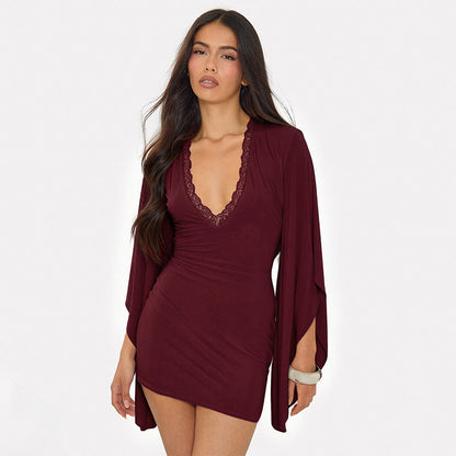 Women Clothing Autumn Solid Color Casual Lace Flared Long Sleeve Bodycon Dress  DestGlow
