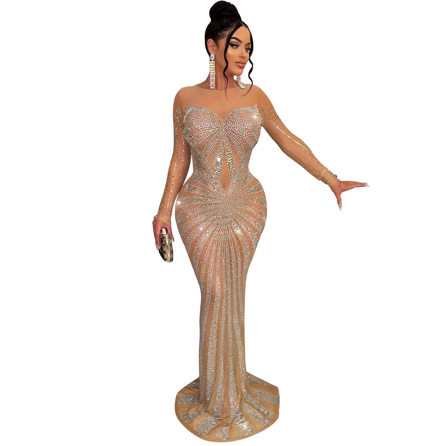 Women Solid Color Mesh See Through Rhinestone Long Sleeve Dress by Ragazza