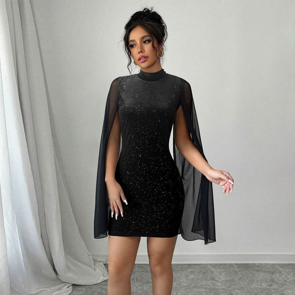 Turtleneck Dress Women Black Rhinestone Sequined Slim Fit Short Sleeve Mesh Stitching Inner Wear Dress by Ragazza