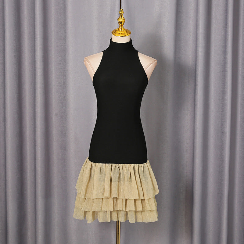 French Elegant Color Contrast Short Dress Women Sleeveless Stand up Collar Slim Fit Simple Bubble Dress