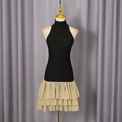 French Elegant Color Contrast Short Dress Women Sleeveless Stand up Collar Slim Fit Simple Bubble Dress