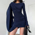 Women Clothing Autumn Winter Solid Color One Shoulder Streamer Long Sleeve Pleated Sheath Short Dress by Ragazza