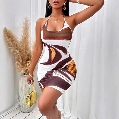 Women Clothes Printed Backless Lace up Skinny Sheath Sexy Cami Dress by Ragazza