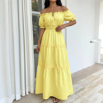 Fresh Vacation Solid Color off Shoulder Puff Sleeve Tiered Dress by Ragazza