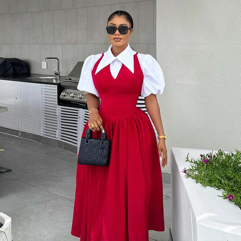 Women Clothing Autumn Elegant Bubble Sleeve Women Shirt Collar High Waist Slimming Dress Faux Two Pieces by Ragazza