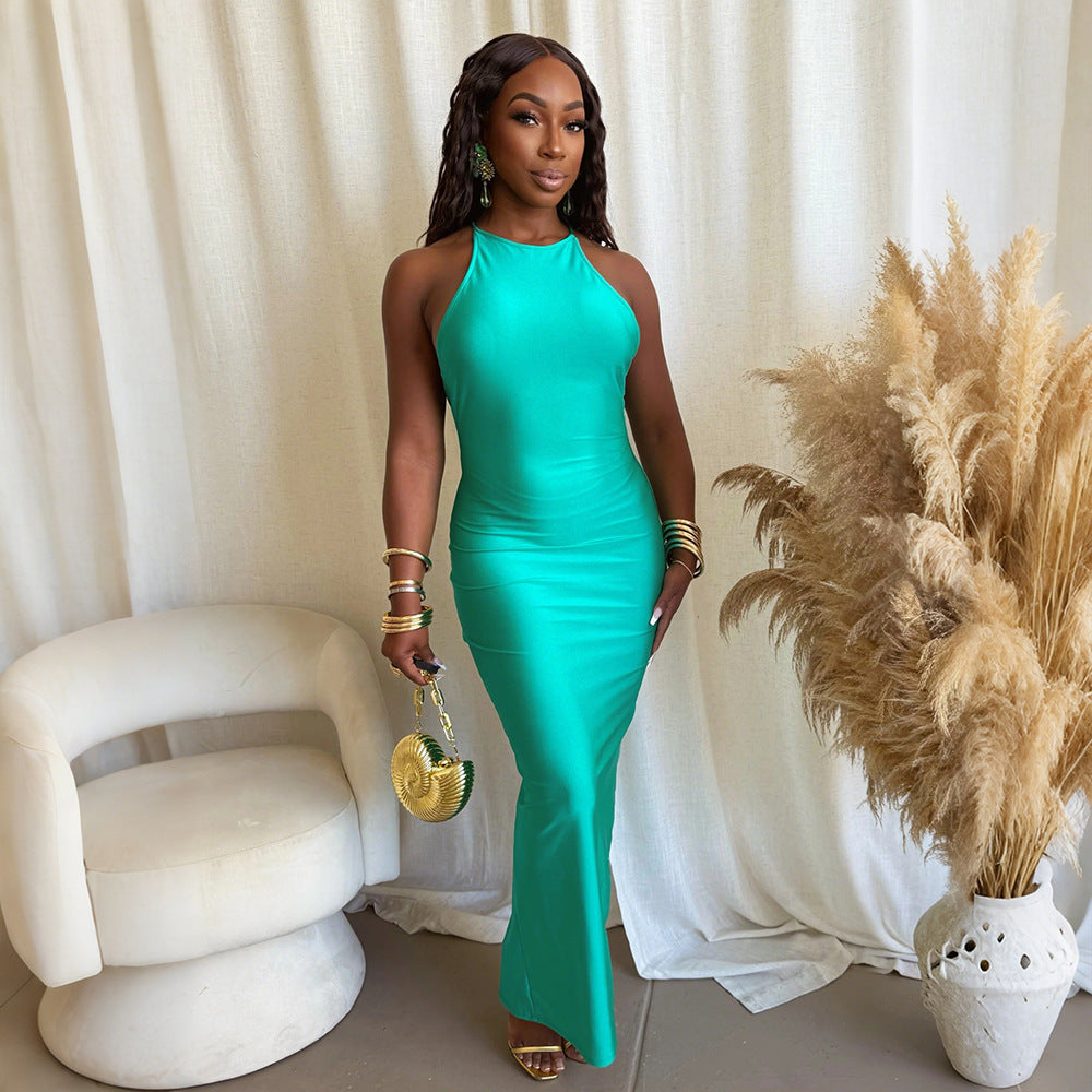 Women Slim Fit Halter Solid Color Long Dress by Ragazza