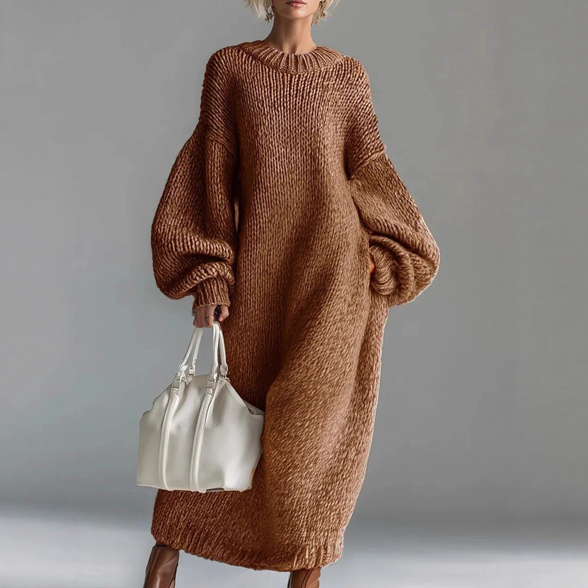 Women Stand Alone round Neck Loose Lantern Sleeve Long Knitted Sweater Dress  DestGlow
