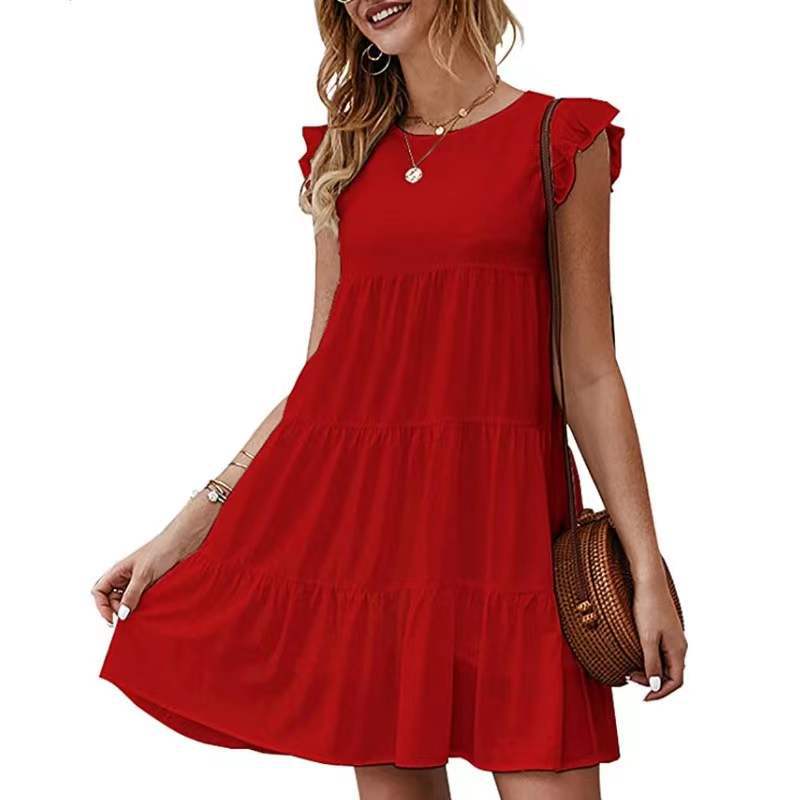 Summer Solid Color round Neck Short Sleeves Dress Casual Tiered Dress Pleated Large Swing Dress by Ragazza