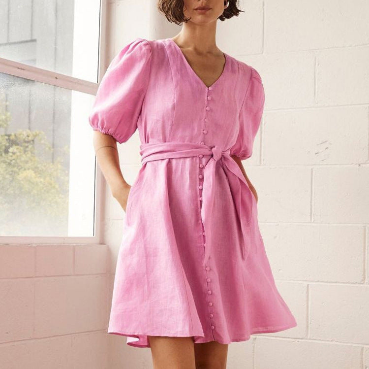 French Dress Women V neck Puff Sleeve Single Breasted Lace up High Waist A line by Ragazza