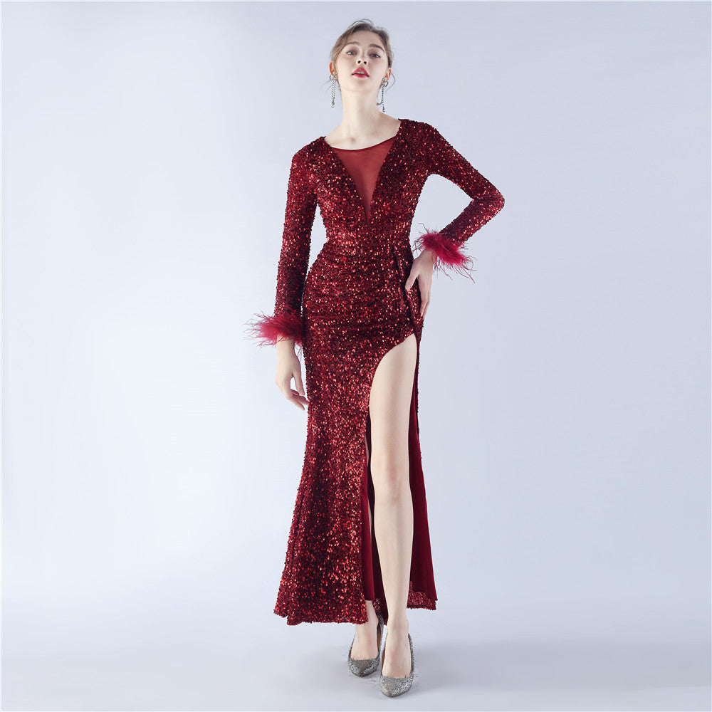 Handmade Sequin Craft Order Ostrich Feather Long Sleeve Evening Dress by Ragazza