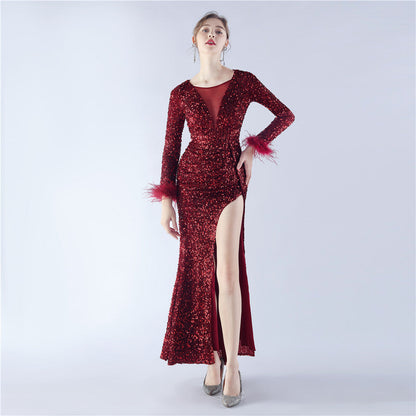 Handmade Sequin Craft Order Ostrich Feather Long Sleeve Evening Dress by Ragazza