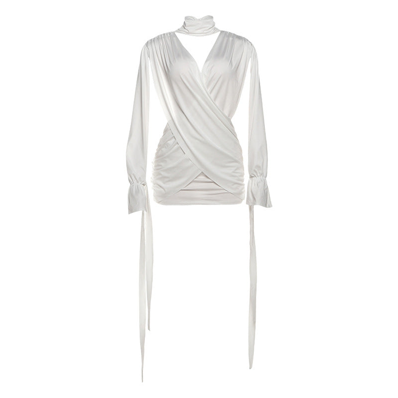 Autumn Winter Women Solid Color Sexy Hollow Out Cutout Long Sleeved Deep V Plunge neck Cross Stitching Hip Dress by Ragazza