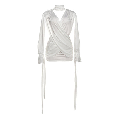 Autumn Winter Women Solid Color Sexy Hollow Out Cutout Long Sleeved Deep V Plunge neck Cross Stitching Hip Dress by Ragazza