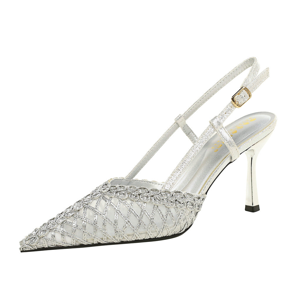 Women Wire Mesh Socialite Women Classy Shoes Pointed Toe Low Cut Ankle Strap Buckle Outdoor Sandals  DestGlow