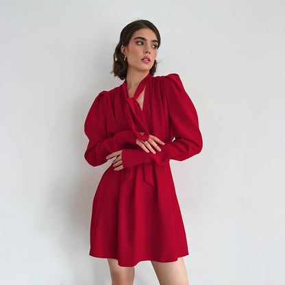 Fall V Neck Puff Sleeve Dress Black Long Sleeve Chiffon Dress Women Clothing by Ragazza
