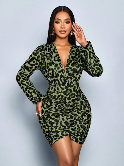 Women Clothing Autumn Winter Leopard Print Long Sleeve Dress Sexy Printed Satin Dress by Ragazza
