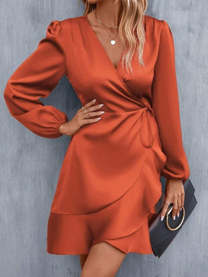 V neck Dress Satin Waist Tight Low Cut Casual Midi Dress Sweet Women Clothing by Ragazza