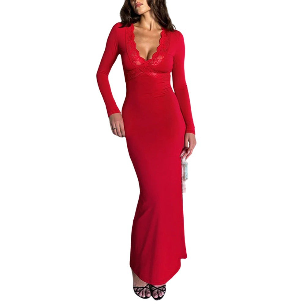 Red V neck Lace Stitching Long Sleeved Slim Fit Sheath Fishtail Dress Elegant Sexy Dress by Ragazza