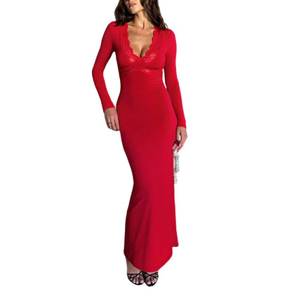 Red V neck Lace Stitching Long Sleeved Slim Fit Sheath Fishtail Dress Elegant Sexy Dress by Ragazza