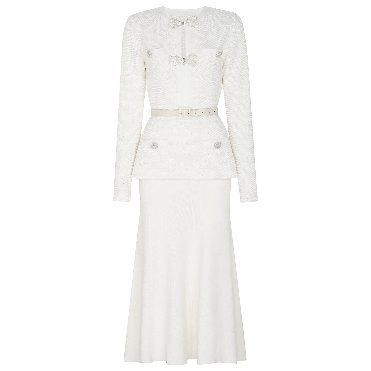 Spring Autumn Knitted round Neck Slim Fit Slimming Heavy Industry Beads Long Sleeve Dress by Ragazza