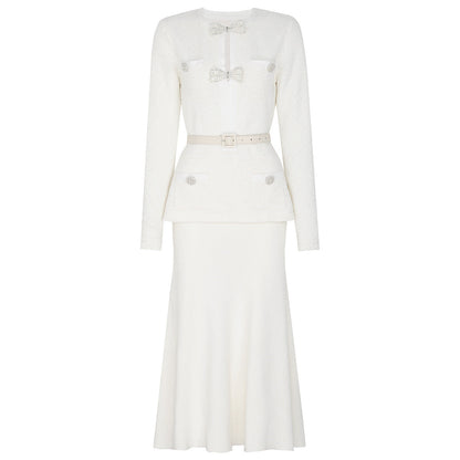 Spring Autumn Knitted round Neck Slim Fit Slimming Heavy Industry Beads Long Sleeve Dress by Ragazza