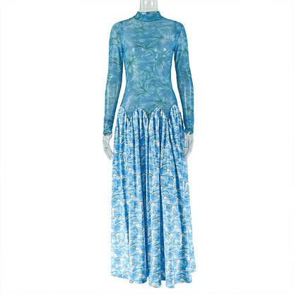Printing Stitching Women Clothing Slightly Transparent Fresh A line Dress Turtleneck Elastic Slim Fit Long Sleeve Dress by Ragazza