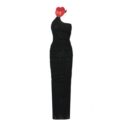 Black Diagonal Collar Mesh Elastic Semi Transparent Hip Sexy Women Lace Floral Red Goose Web Dress by Ragazza
