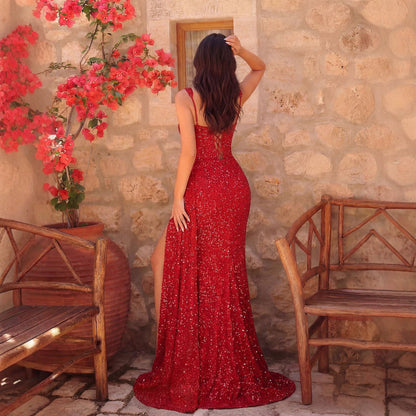 Red Paillette Dress Sleeveless Square Collar High Slit Slimming Dress Wedding Toast Dress  DestGlow