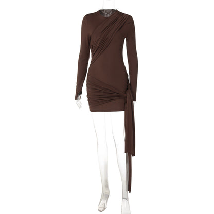 Solid Color Sheath Short Dress Autumn Long Sleeve Ribbon Slim Dress Women by Ragazza