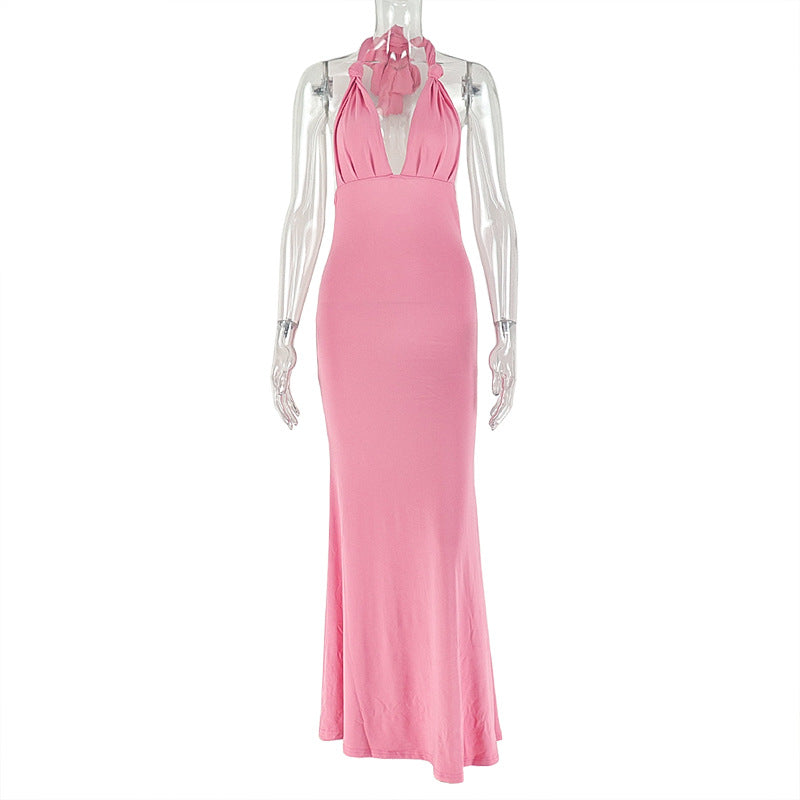 Women Clothing Elegant Pleated Solid Color Slimming Hip Dress V neck Wrapped Chest Backless Maxi Dress by Ragazza