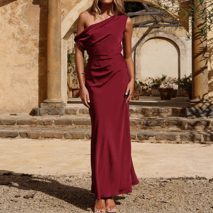 Women Clothing Fashionable Oblique Shoulder Elegant Waist Tight French Dress Women Maxi Dress High Grade Texture by Ragazza