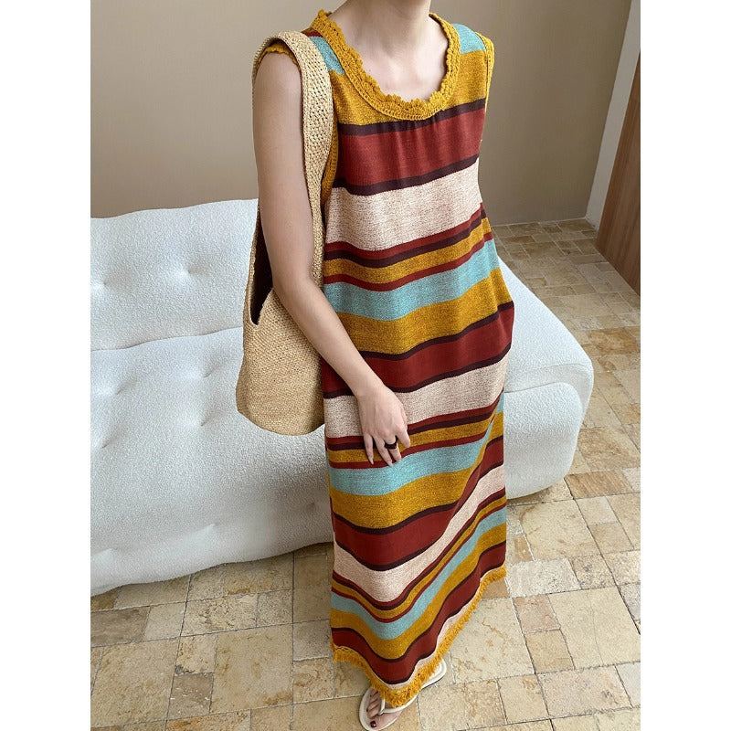 Lazy Vacation Tencel Linen Tassel round Neck Colorful Striped Vest Dress by Ragazza