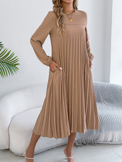 Women Clothing Spring Summer Casual Solid Color Long Sleeve Pocket Pleated Dress（Without Belt） by Ragazza