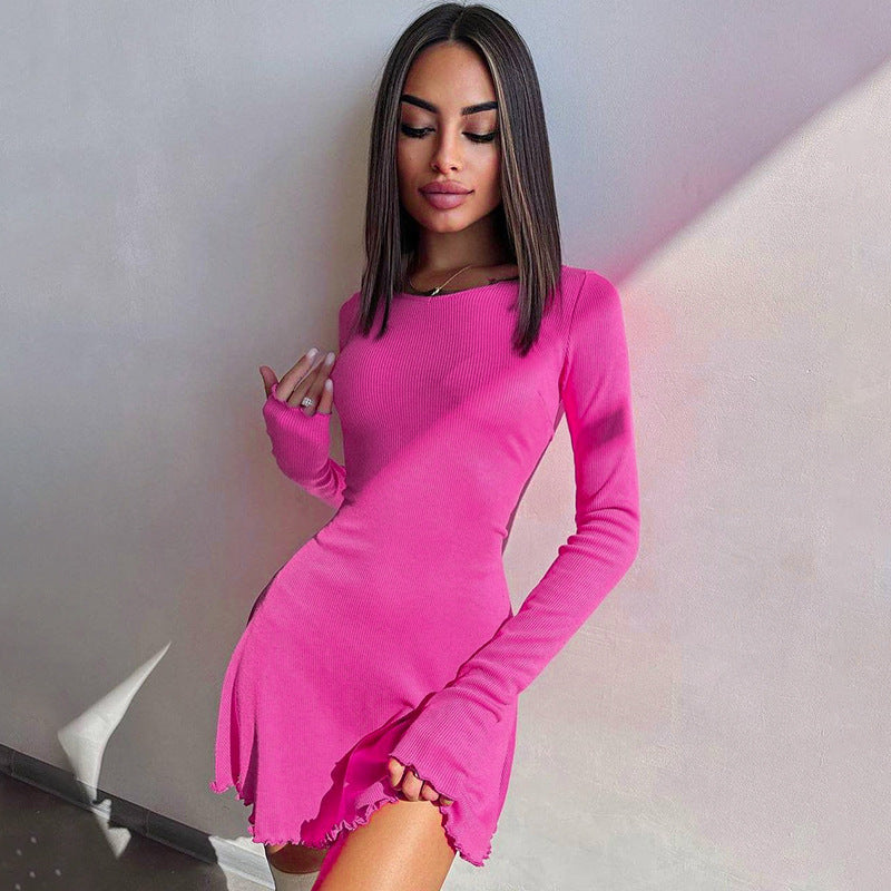 Women Clothing Autumn Winter Simple Solid Color Back Lace up Waist Controlled Dress by Ragazza